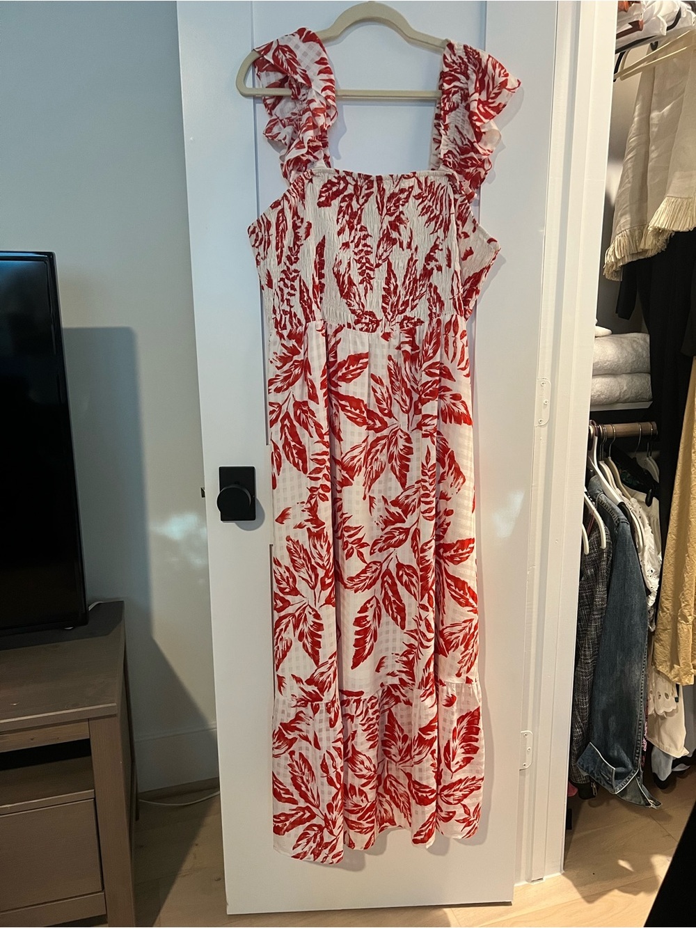Skies Are Blue Red and White Leaf Print Dress